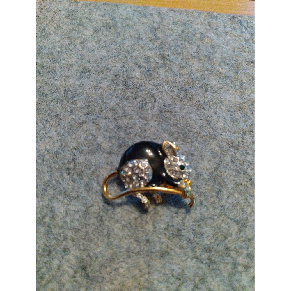 Vintage Crystal Mouse Brooch Pin Gold-Tone Black Enamel Rhinestone Animal Jewelr